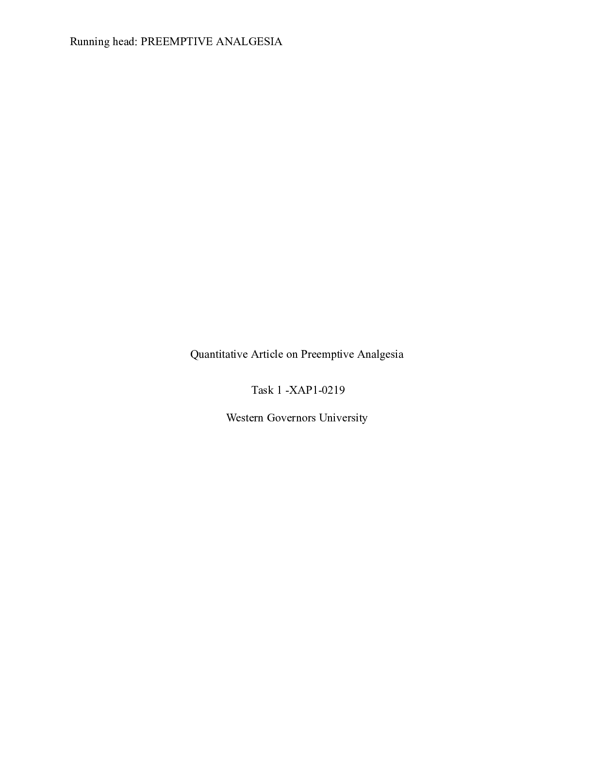Preview image of TASK 1  Quantitative.docx    Quantitative Article on Preemptive Analgesia    Task 1 -XAP1- document